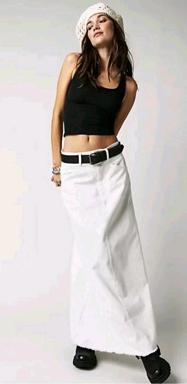 Free People We The Free Come As You Are Denim Maxi Skirt White Frayed Hem Sz- 2